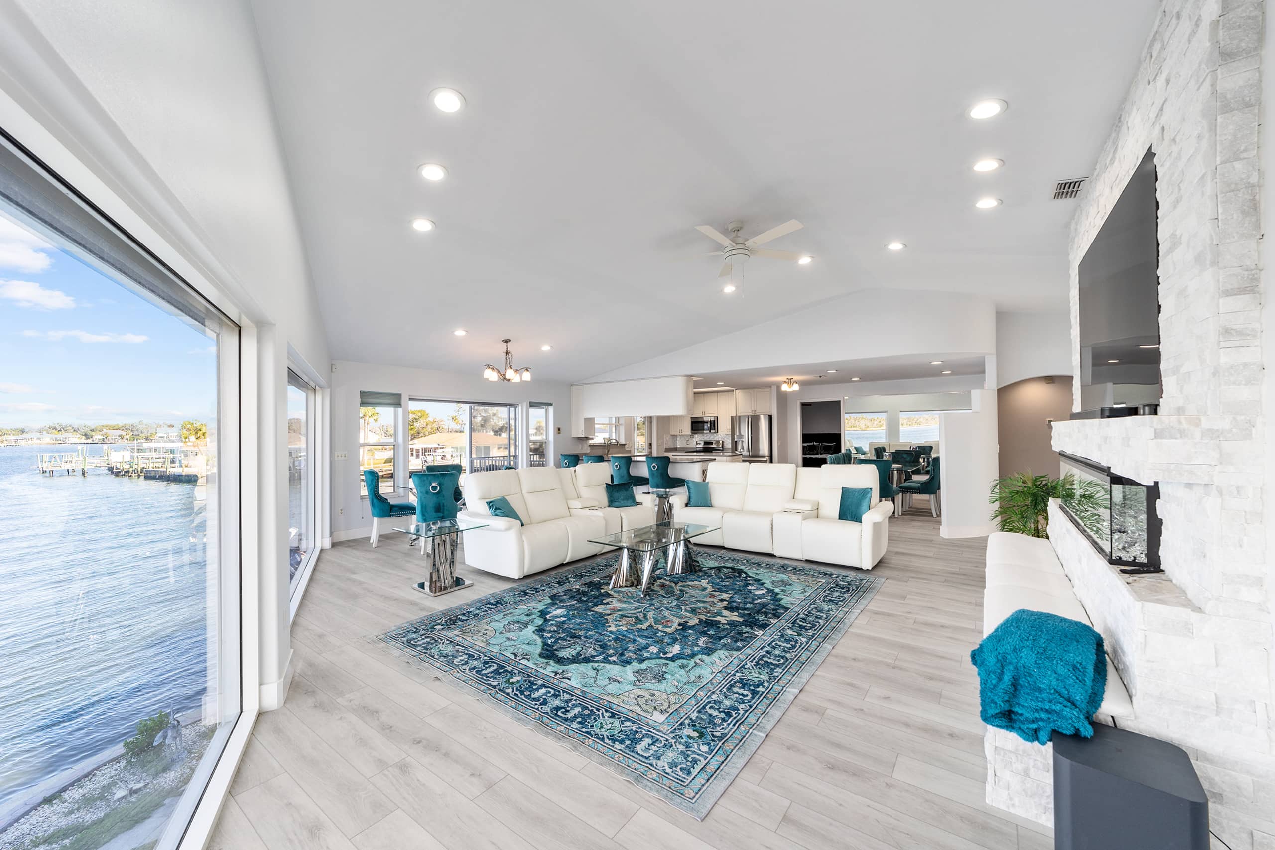 Open waterfront living room inside the Crystal River vacation rental