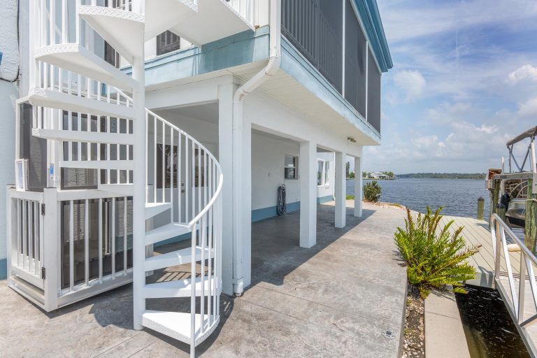 Waterfront exterior and spiral staircase