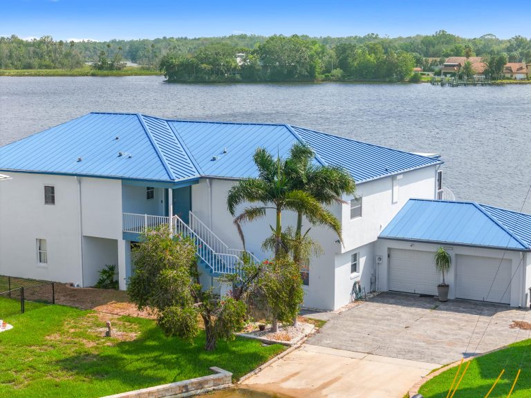 Aerial view of the waterfront vacation home